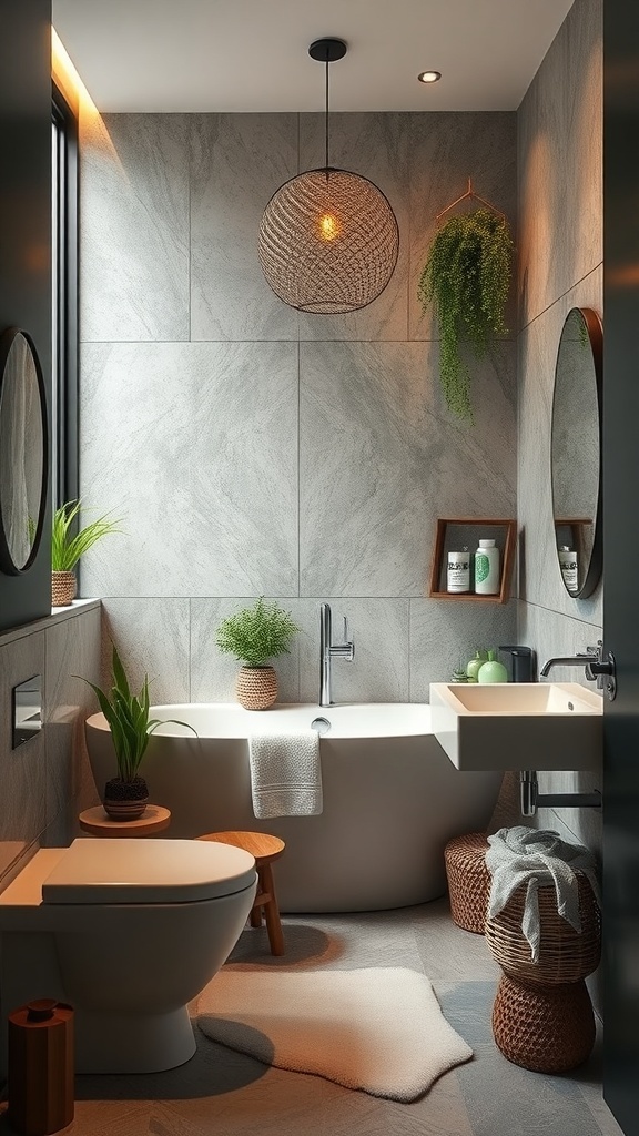 A modern luxury bathroom featuring natural materials, plants, and energy-efficient lighting.