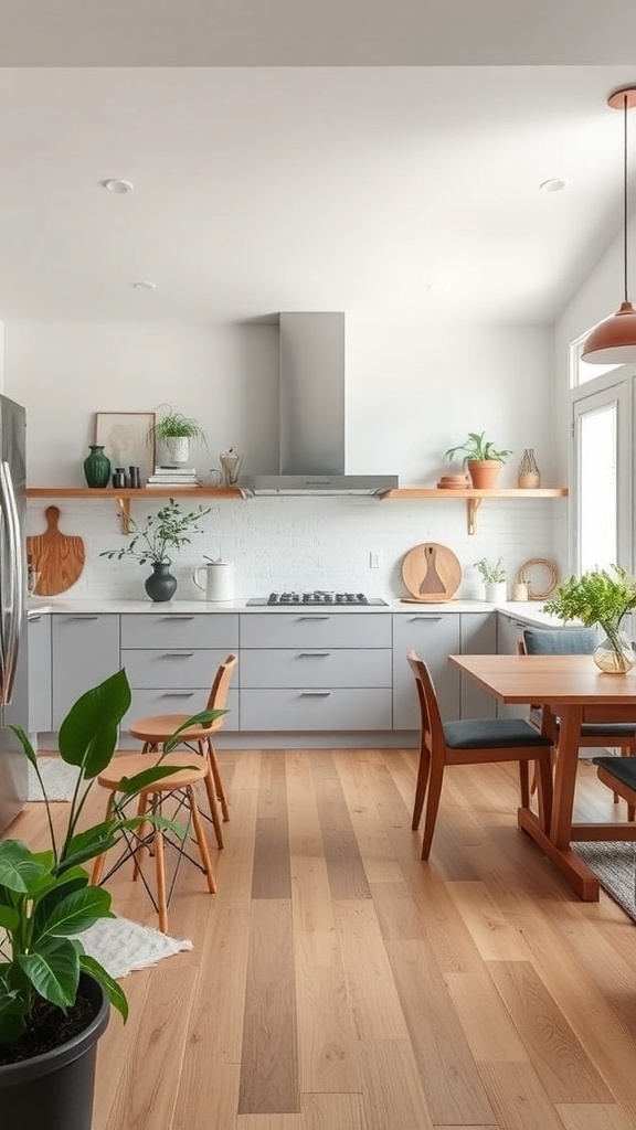 A modern kitchen and dining area featuring grey cabinetry, wooden furniture, and plants, emphasizing sustainable design.