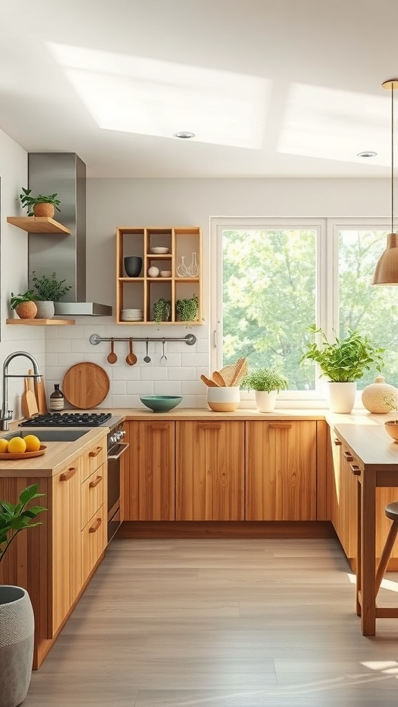 A modern kitchen featuring natural wood cabinetry, plants, and a bright, airy atmosphere.