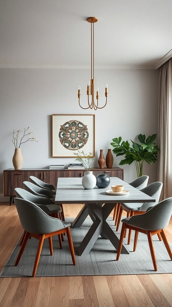 A modern dining room featuring a wooden table, upholstered chairs, and decorative plants.
