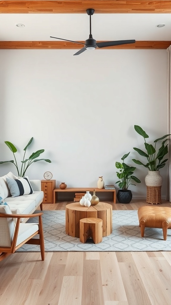 A cozy living room featuring sustainable furniture with wooden elements and plants.