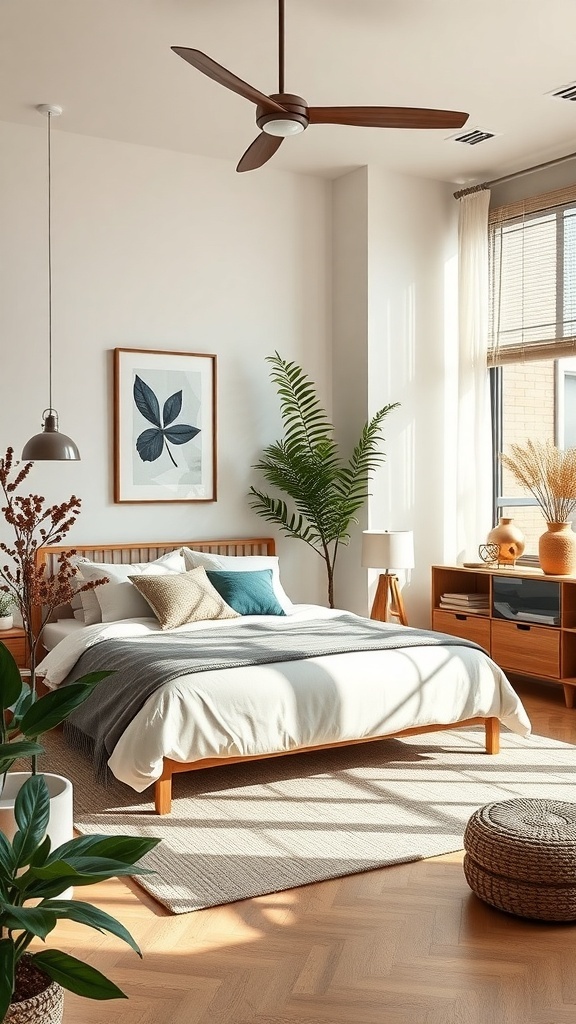 A bright and airy bedroom featuring a wooden bed, plants, and natural light.