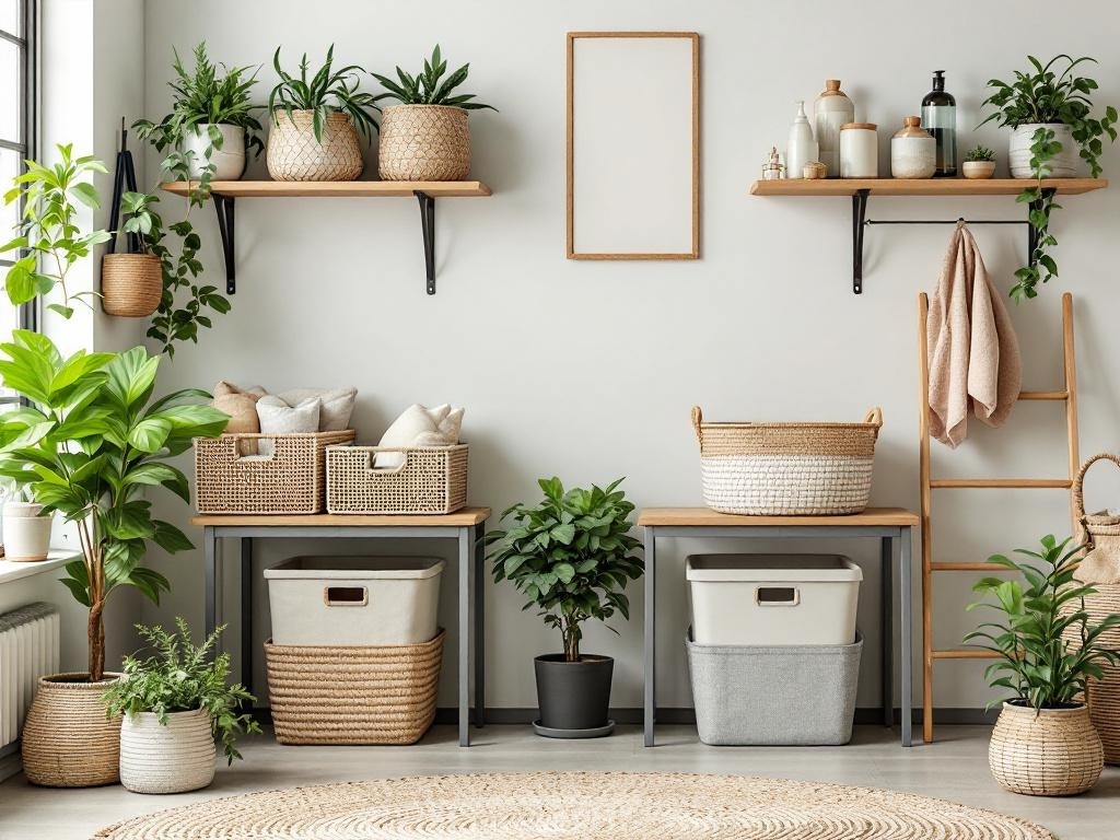 A stylish and organized room featuring natural storage solutions, plants, and decorative items.