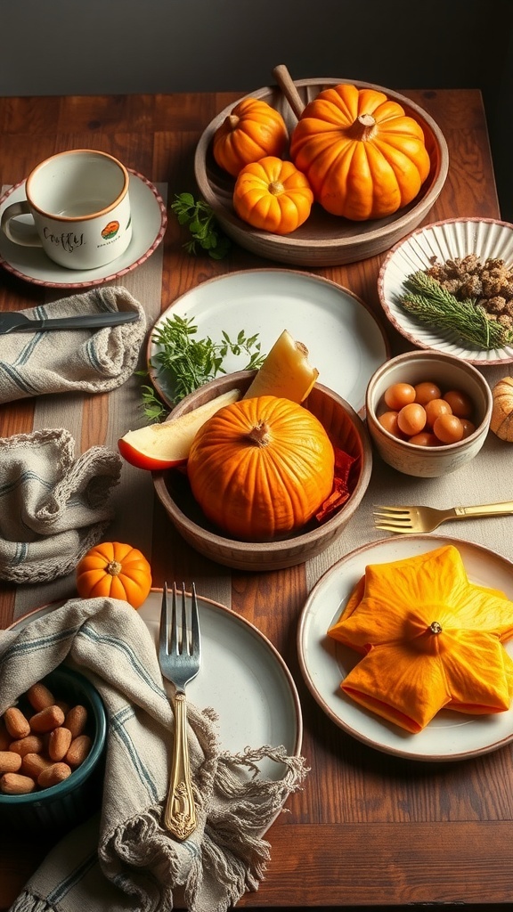 A rustic Thanksgiving table setting featuring pumpkins, fresh herbs, and natural decor.