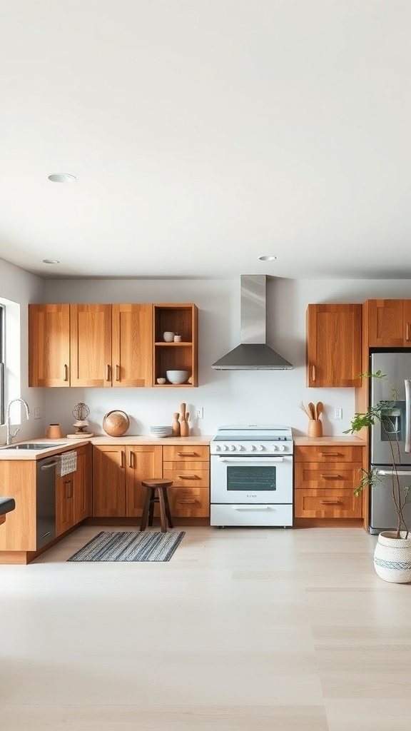 A modern kitchen featuring warm wooden cabinets, a white stove, and minimal decor.