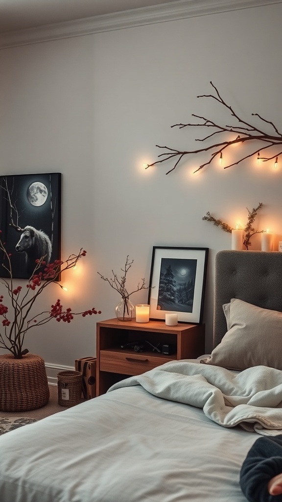 A cozy winter bedroom with warm lighting, natural branches, and seasonal decor.