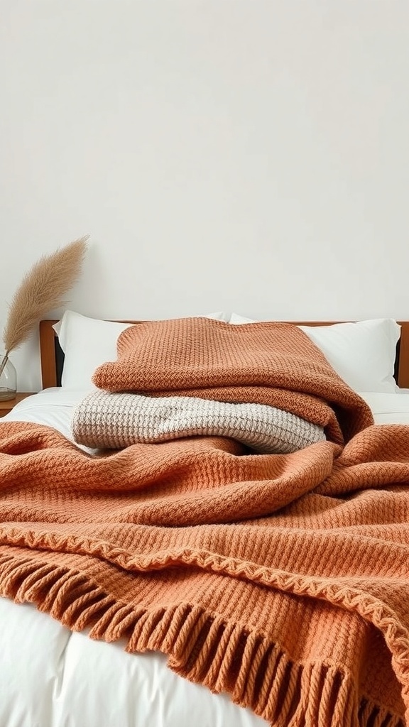 A cozy bed with layered chunky throws in warm rust and neutral tones, inviting comfort and warmth.
