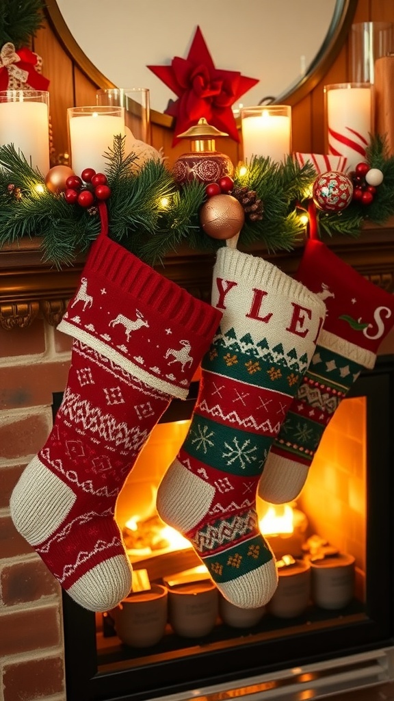 Cozy upcycled sweater sleeve stockings hanging by a fireplace