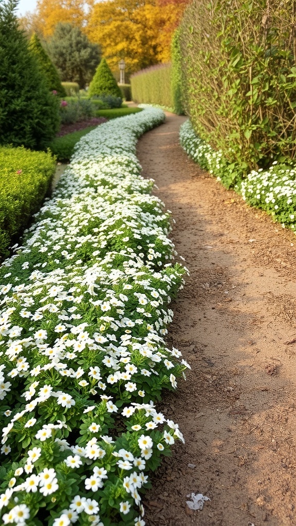 A winding garden path bordered by lush green foliage and a vibrant carpet of Sweet Alyssum flowers.