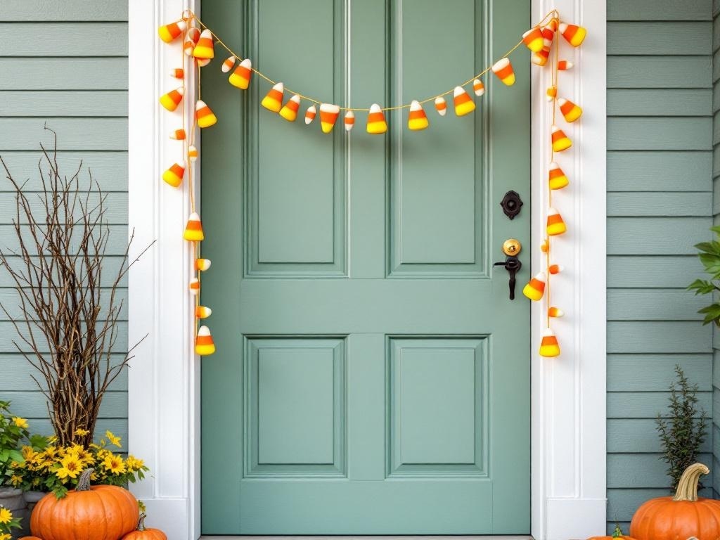 A front door decorated with a candy corn garland and pumpkins