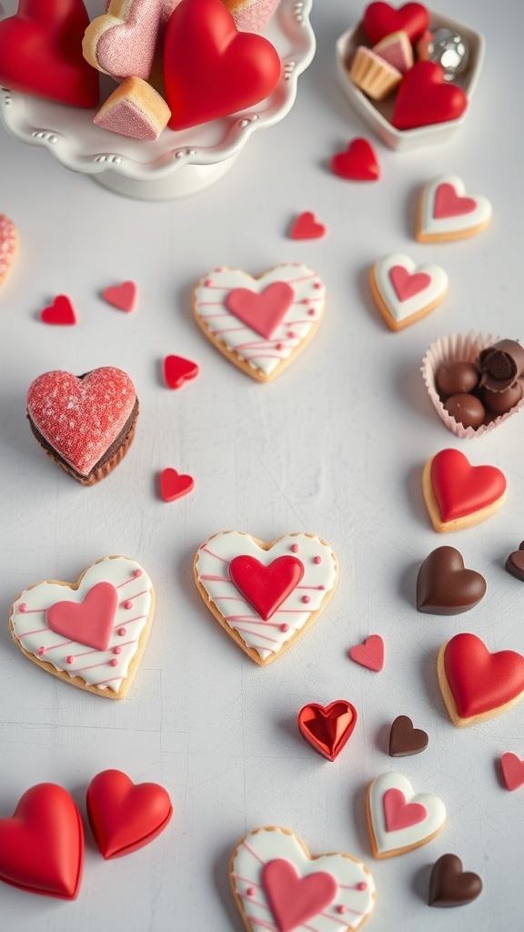 A colorful dessert table featuring heart-shaped cookies, chocolates, and candies for Valentine's Day.