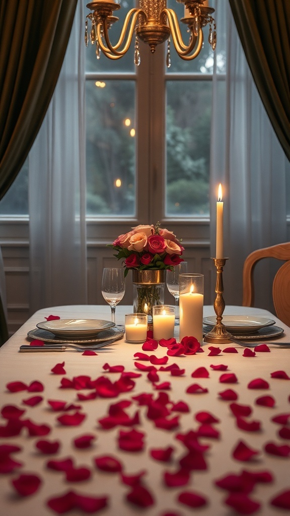 A romantic table setting with rose petals, candles, and a bouquet of roses.