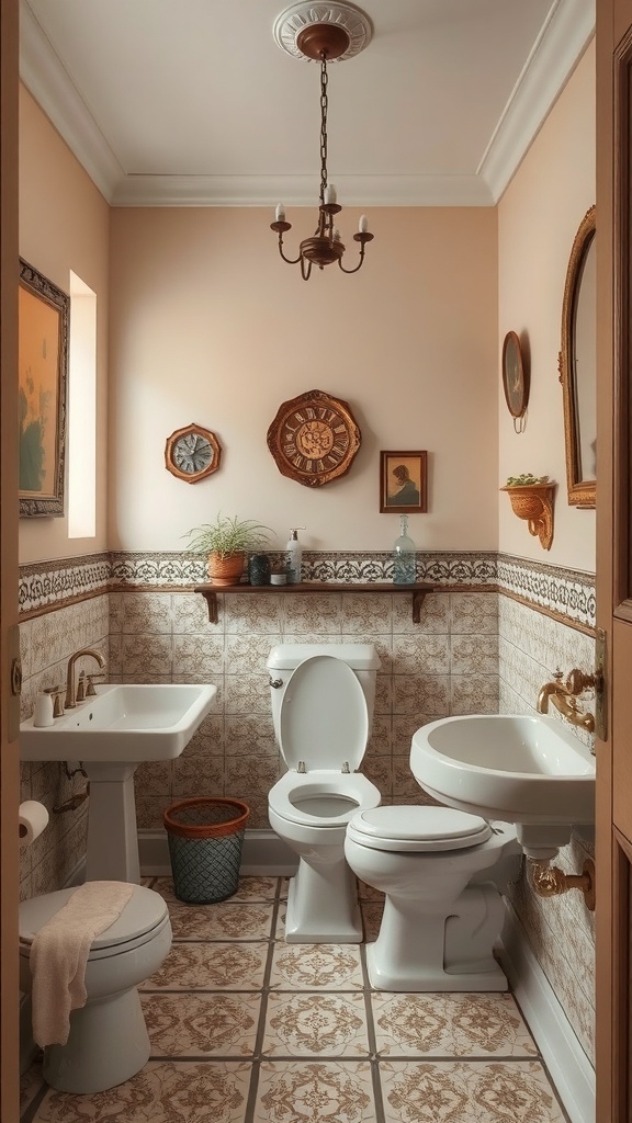 A cozy bathroom featuring warm tones and classic fixtures.