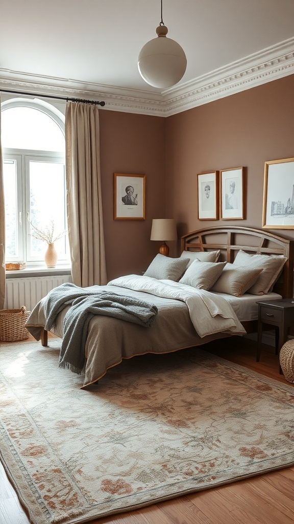 A cozy bedroom featuring warm tones with Swiss Coffee walls, natural light, and soft textiles.