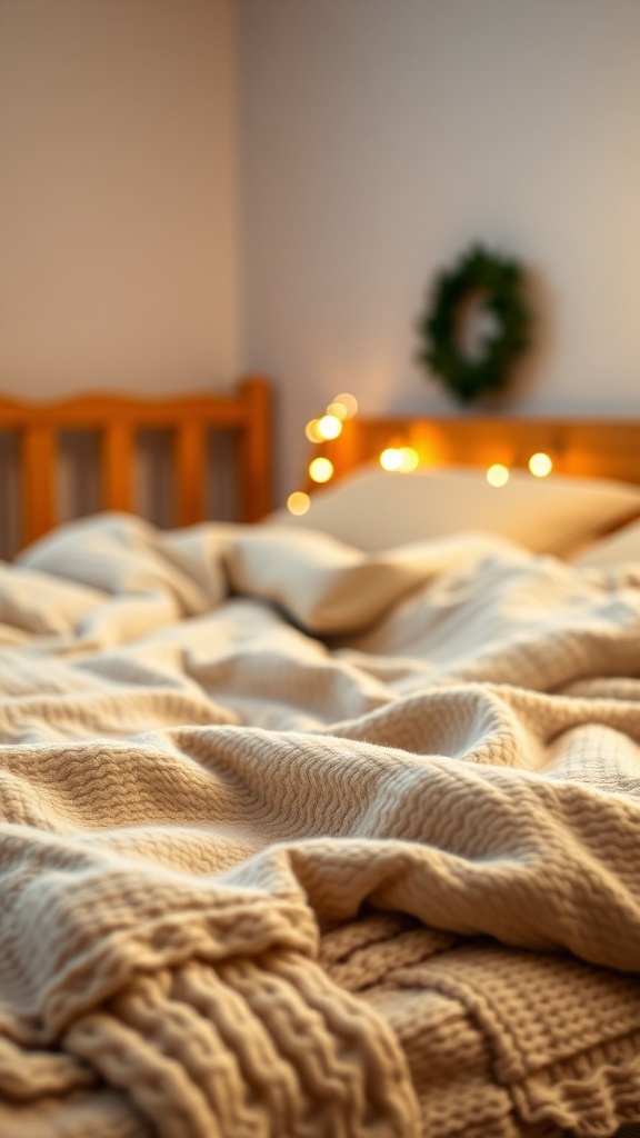 A cozy bed with soft flannel bedding and warm lighting, perfect for winter.