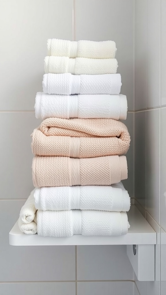 A neatly stacked arrangement of neutral towels in shades of white, cream, and soft peach on a bathroom shelf.