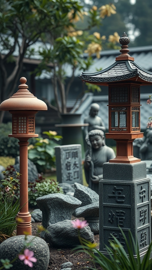A serene Japanese garden featuring lanterns, stone statues, and lush greenery.