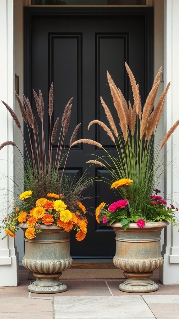 Two symmetrical planters with fall flowers and grasses beside a black front door.
