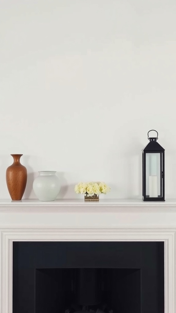 A stylish mantel with two vases and a lantern, showcasing symmetrical decor.