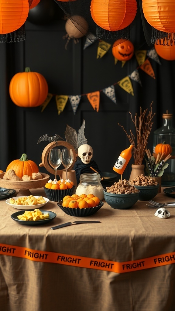 A Halloween party table decorated with fright tape, pumpkins, and themed snacks.