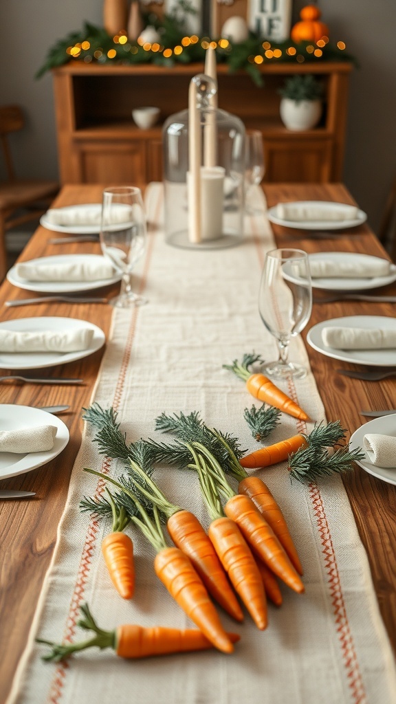 A dining table set with a neutral table runner, featuring scattered wooden carrots and elegant tableware.
