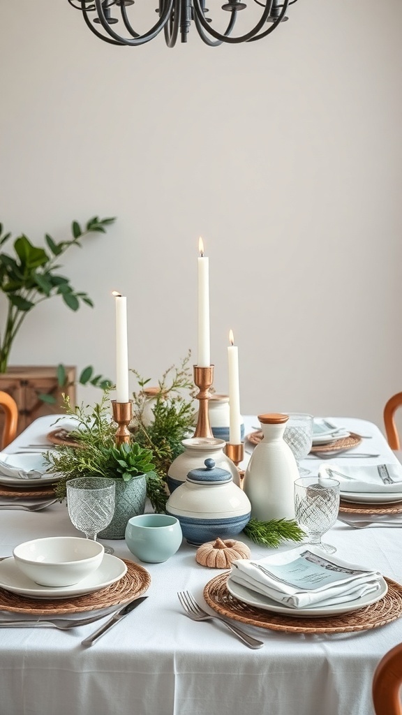A beautifully styled dining table featuring candles, greenery, and elegant dishware.