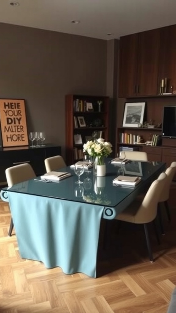 A modern dining table with a glass top and blue fabric draping, showcasing a stylish and functional design.