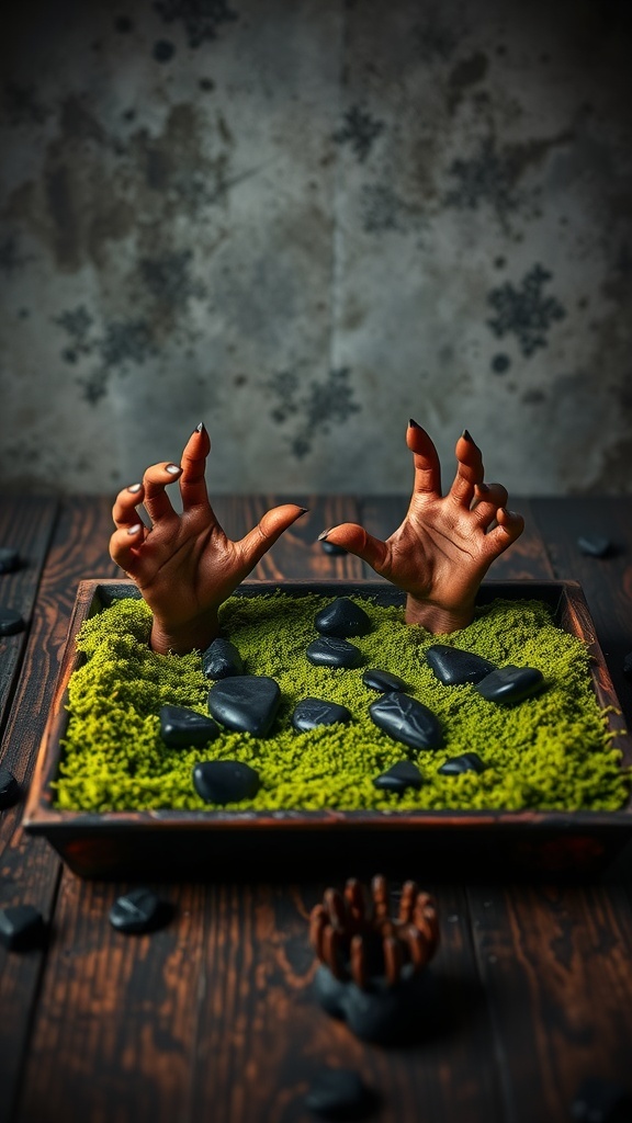 Tabletop display featuring devil hands emerging from green moss with black stones