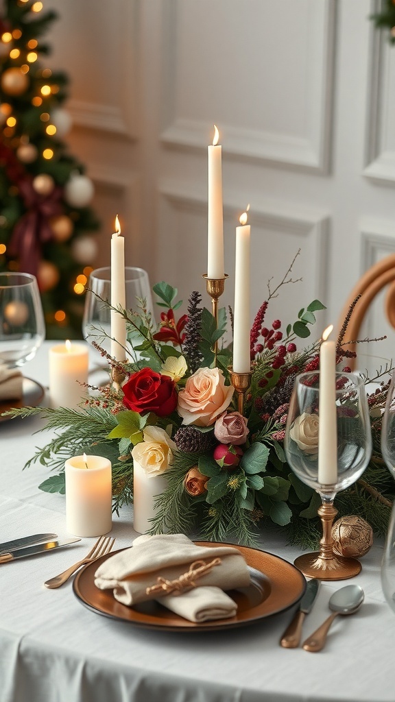 A beautifully arranged holiday centerpiece with flowers, greenery, and candles on a dining table.
