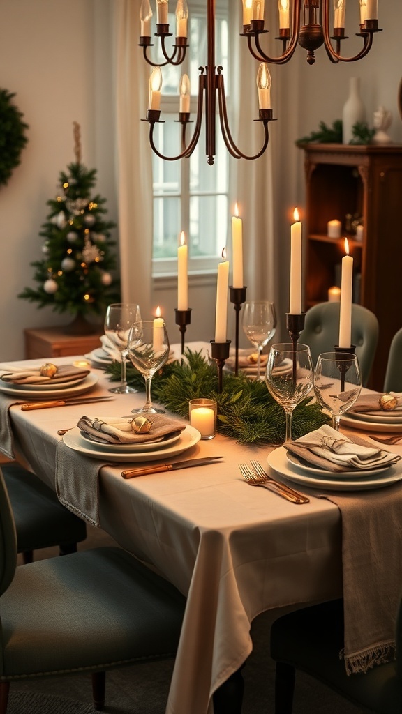 A beautifully styled dining table for Christmas 2025 featuring a green garland centerpiece, tall candles, elegant glassware, and muted tones.
