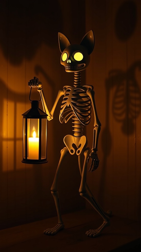 A tall skeleton cat holding a lantern with glowing eyes, creating a spooky atmosphere.