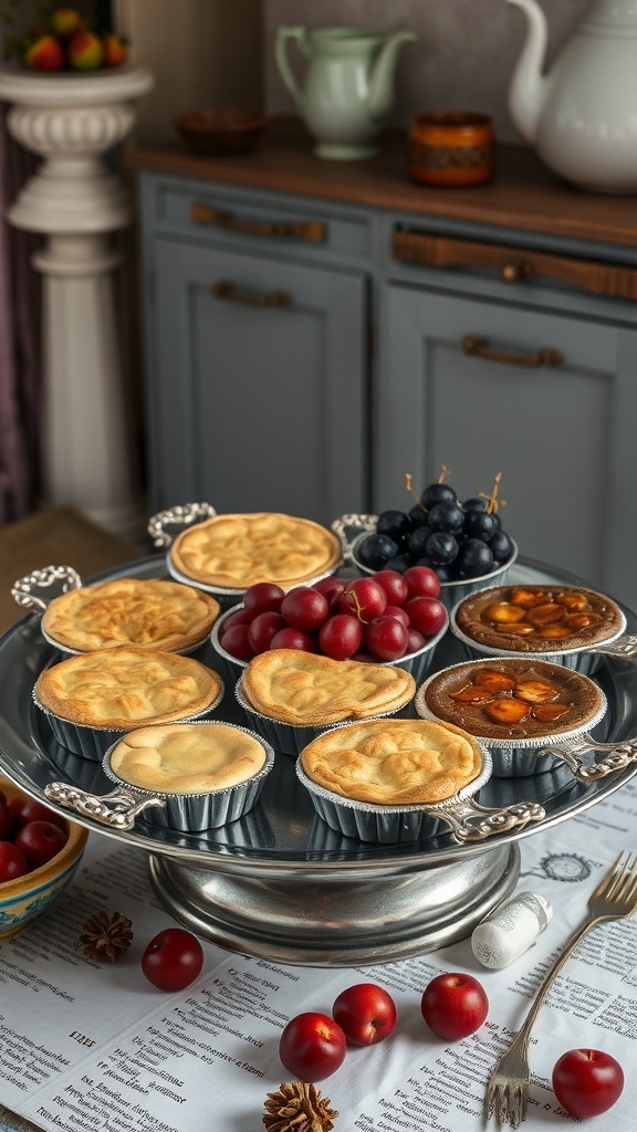 A tarnished silver serving tray with various pies and fruits displayed on it.