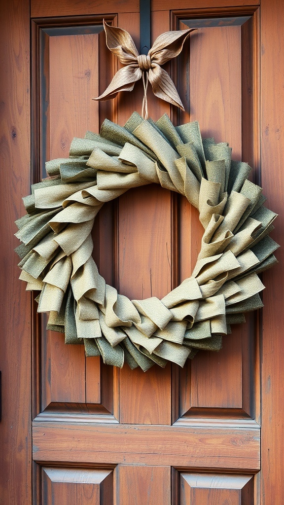 A tea stained fabric wreath with ruffled fabric in earthy tones, adorned with a simple bow, hanging on a wooden door.