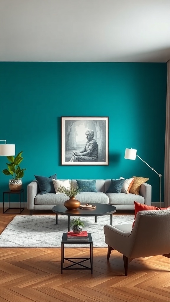 A stylish living room featuring a teal accent wall, gray sofa, and modern decor.