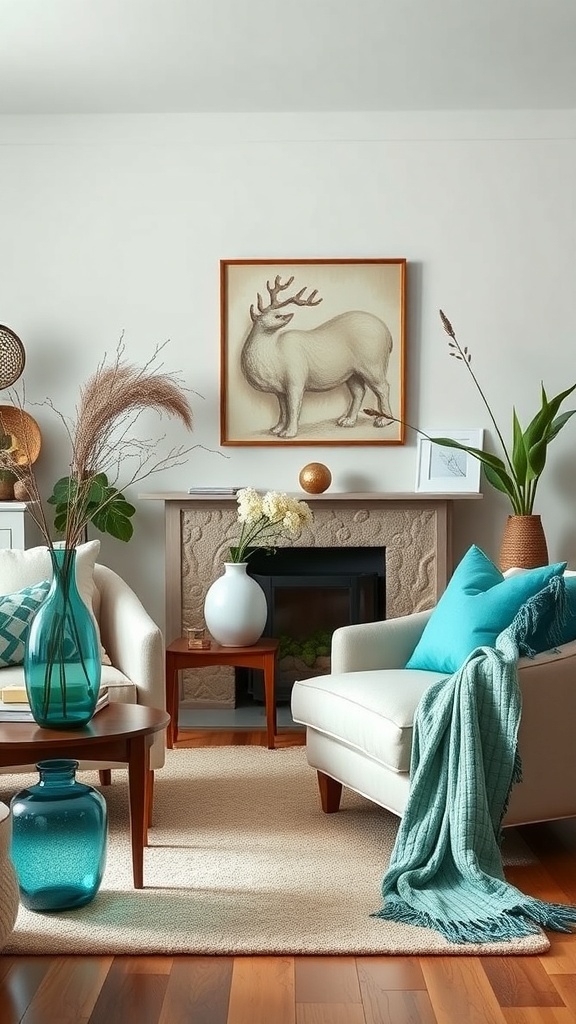 A stylish living room featuring teal accessories, including vases, cushions, and a throw blanket.