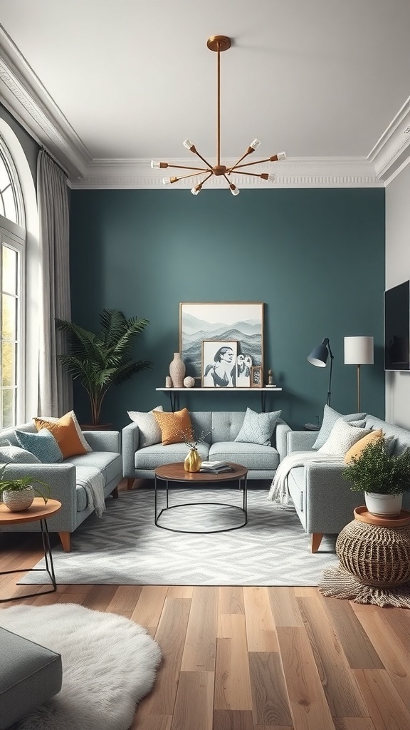 Stylish living room featuring a teal wall, gray sofas, and orange accent pillows, with wooden flooring and a round coffee table.
