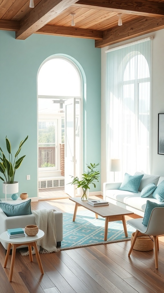 A stylish living room featuring teal walls, white furniture, and wooden beams, creating a fresh and inviting atmosphere.
