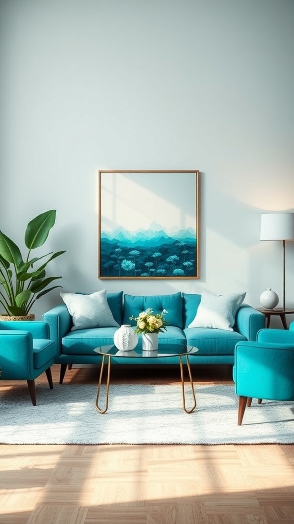 A stylish living room with teal furniture, a mountain-themed artwork, and a green plant.