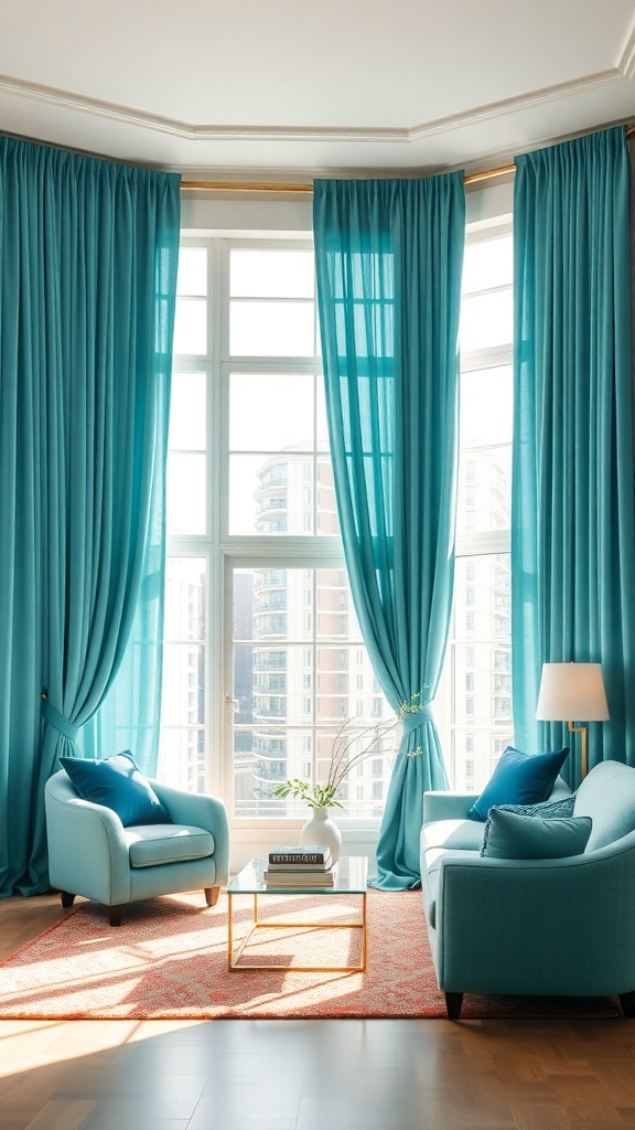 Living room with teal curtains, teal furniture, and large windows