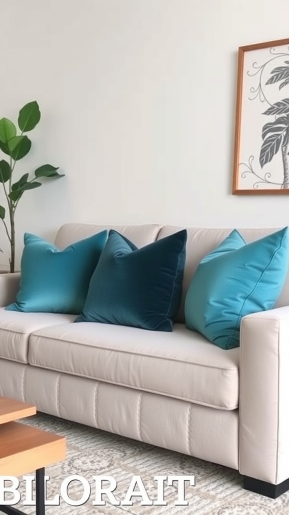 A stylish living room with a beige couch and teal decorative pillows.