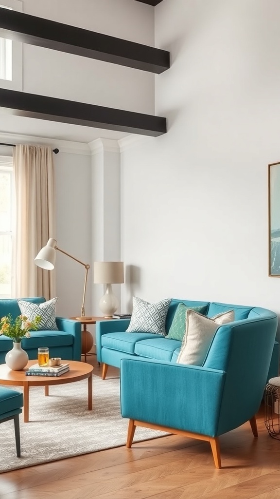 A stylish living room featuring teal furniture pieces, including sofas and chairs, with a round coffee table and neutral decor.