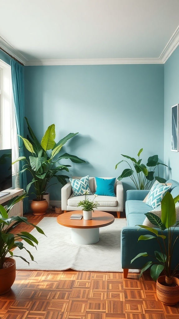 A stylish living room featuring teal walls and furniture, complemented by various plants in terracotta pots.