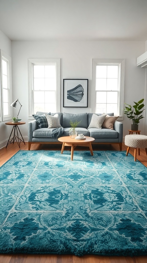 A stylish living room featuring a teal rug, gray sofa, and natural light from windows.