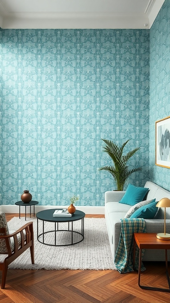 A stylish living room featuring teal wallpaper with a geometric pattern, complemented by wooden furniture and decorative plants.