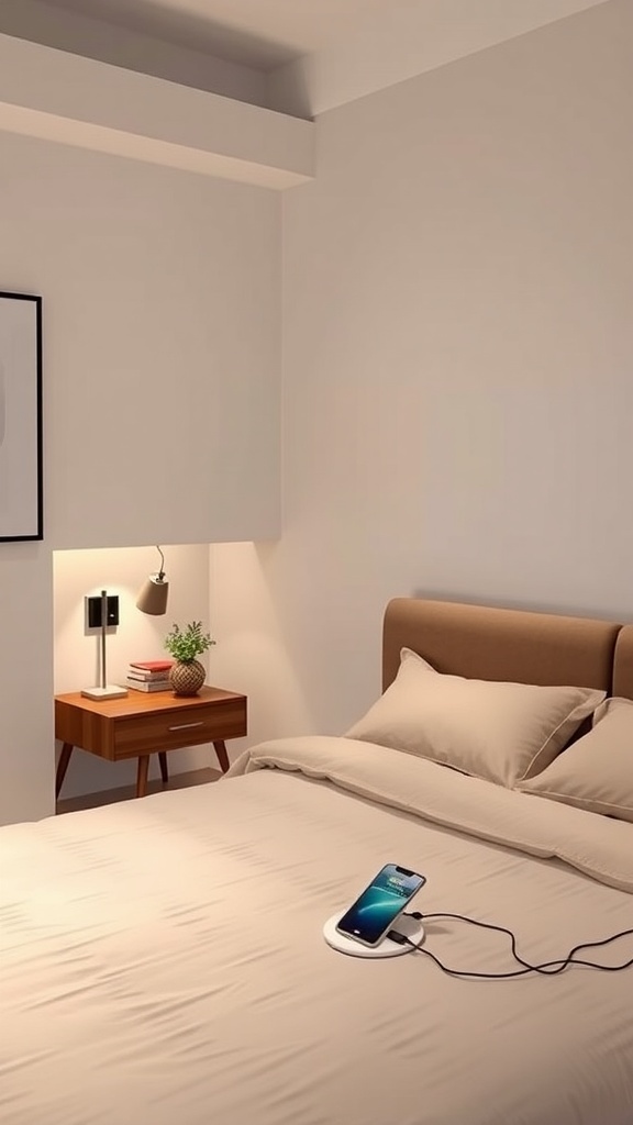 A modern bedroom featuring a wireless charger on the bed, a stylish lamp on a bedside table, and a cozy aesthetic.