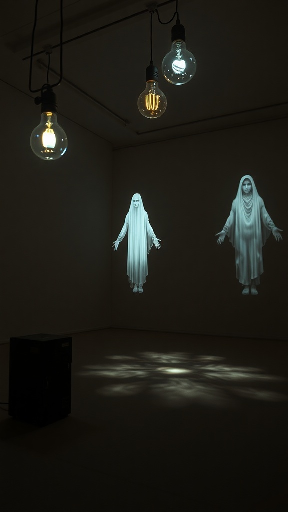 A spooky room with hanging light bulbs and ghostly projections on the wall.