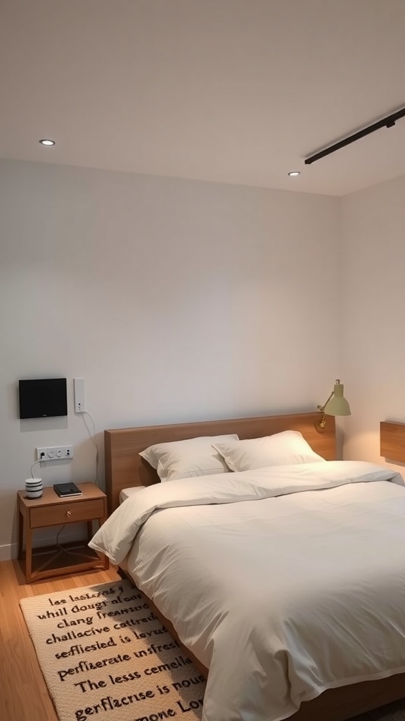 A minimalist bedroom featuring a bed with neutral linens, a simple nightstand, and soft lighting.