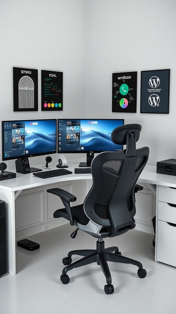 A modern corner office setup with dual monitors, ergonomic chair, and stylish wall art.