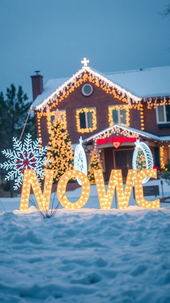 A beautifully decorated house with illuminated letters spelling 'NOW', snowflakes, and a festive tree in a snowy landscape.