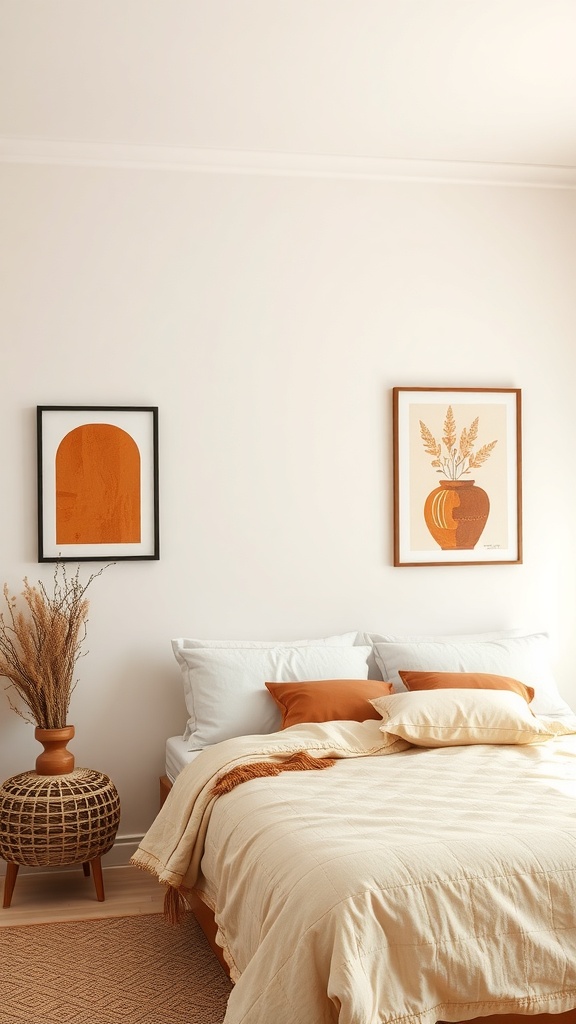 A cozy bedroom featuring terracotta-inspired artwork on the walls, with a bed adorned in soft beige and terracotta accents.